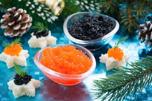Christmas appetizers - red and black caviar — Stock Photo, Image