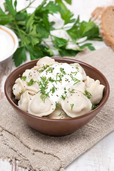 Traditional Russian dumplings with sour cream in a bowl — Stock Photo, Image