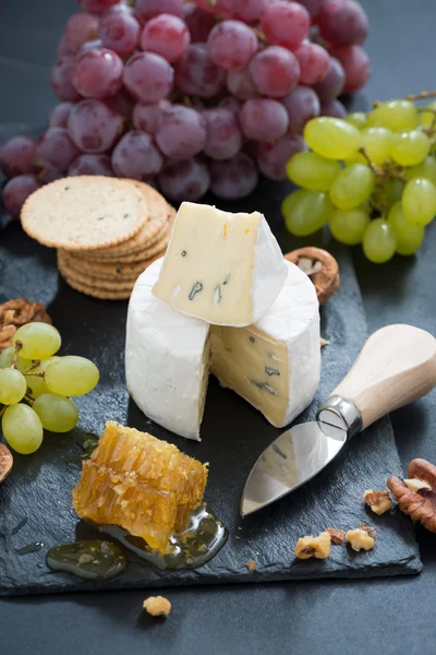 Delicioso Camembert con miel fresca, uvas y frutos secos —  Fotos de Stock