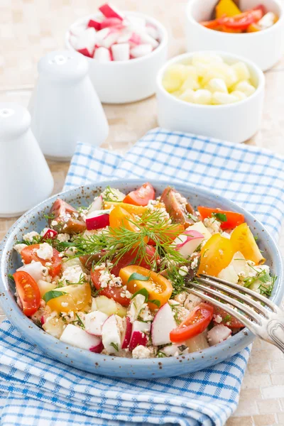Hälsosam mat - sallad med färska grönsaker och keso — Stockfoto