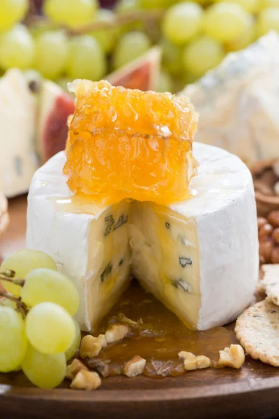 Camembert avec miel et fruits close-up — Photo