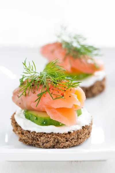 Canape au fromage, concombre et saumon, gros plan — Photo