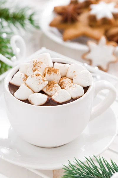 Würzige heiße Schokolade mit Marshmallows in einer Tasse, Nahaufnahme — Stockfoto