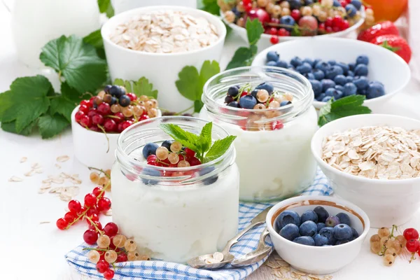 Yoghurt med bär och produkter för hälsosam frukost — Stockfoto