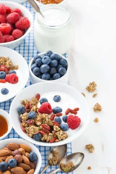 Frukost med müsli, yoghurt och bär — Stockfoto