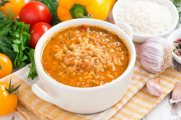 Tomato soup with rice and vegetables, close-up — Stock Image Tomato soup with rice and vegetables, close-up Stock Image