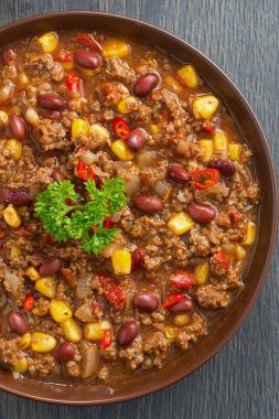 Meksika yemeği chili con carne, üstten görünüm yakın çekim