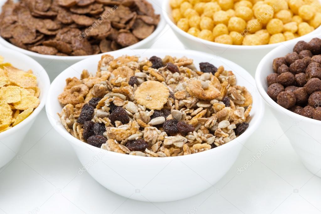 granola and various breakfast cereals