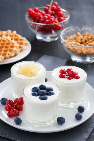 Surtido de yogur natural con bayas frescas y gofres — Foto de Stock