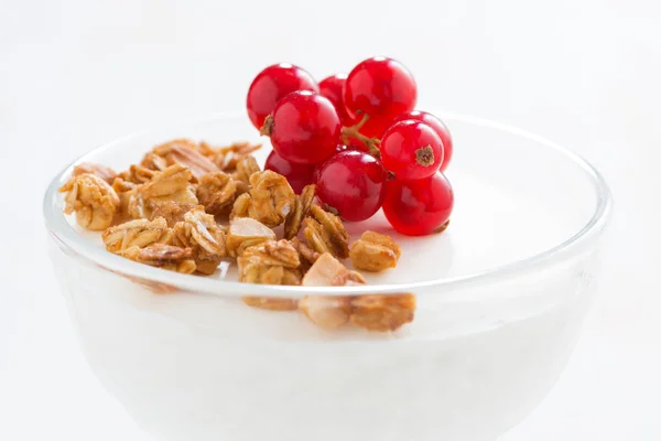 Creamy panna cotta with fresh berries and granola, close-up — Stock Photo, Image