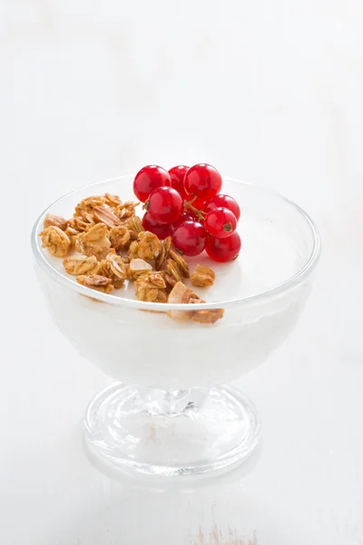 Romige panna cotta met verse bessen en muesli, verticale — Stockfoto