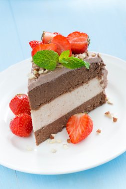 plaka, dikey üç kat çikolatalı kek parçası