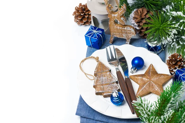 Christmas table setting with wooden decorations — Stock Photo, Image