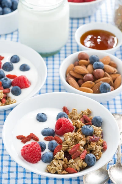 Delicious breakfast with granola, berries and yogurt, vertical — Stock Photo, Image