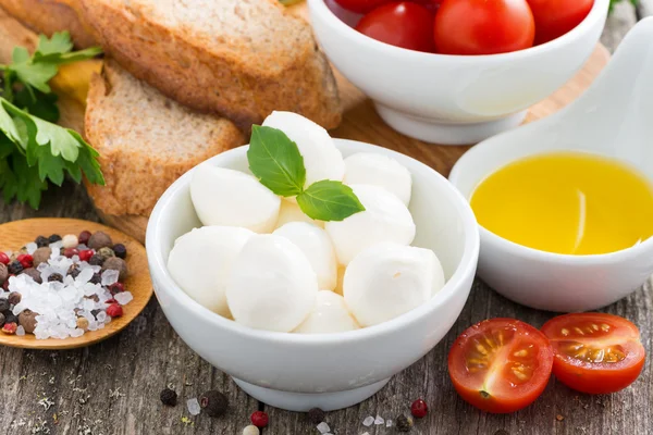 Mozzarella fresca e ingredientes para una ensalada, primer plano — Foto de Stock