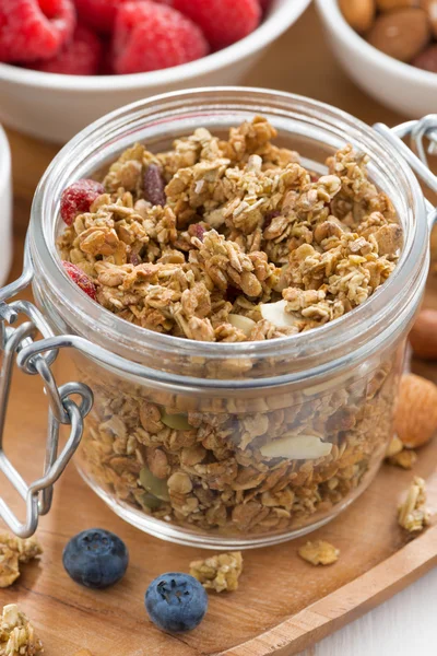 Házi granola és a friss bogyós gyümölcsök, közeli üvegedénybe — Stock Fotó