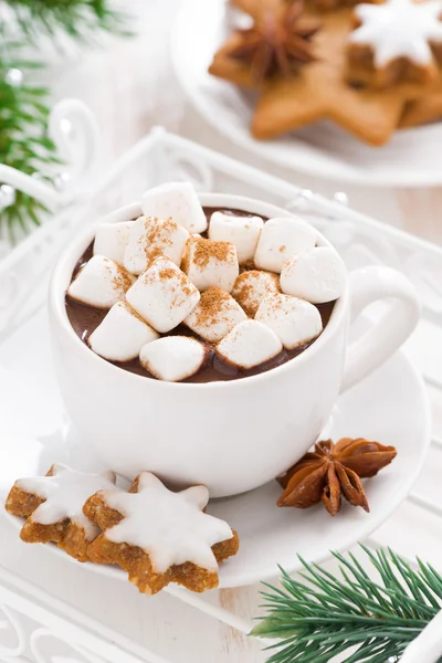 Pittige warme chocolademelk met marshmallows in een kopje, verticale — Stockfoto