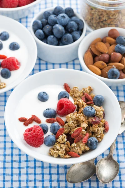 Finom reggeli, bogyók és joghurt, granola, felülnézet — Stock Fotó