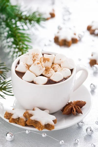 Cioccolata calda con marshmallow e biscotti di pan di zenzero, primo piano — Foto Stock