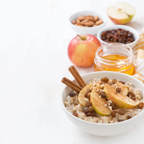 Farina d'avena con mele, uvetta, cannella e ingredienti su bianco — Foto Stock