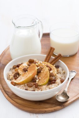 Sağlıklı kahvaltı - yulaf ezmesi elma, üzüm, tarçın