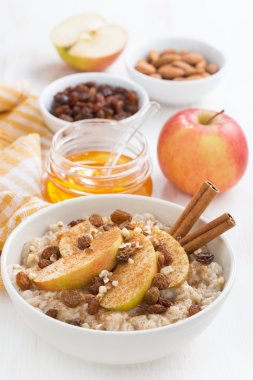 elma, üzüm, tarçın ve malzemelerin üzerine beyaz yulaf ezmesi 