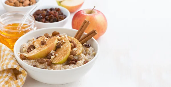 Harina de avena con manzanas, pasas, canela e ingredientes en blanco — Foto de Stock