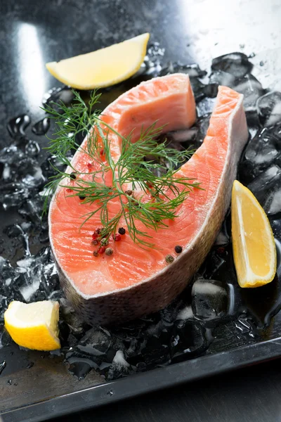 Fresh salmon steak with dill and lemon on ice, vertical — Stock Photo, Image