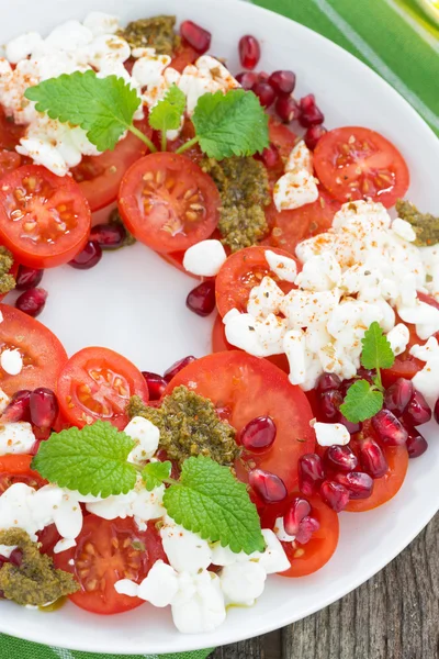 Свежий салат с помидорами, творогом, песто и гранатом — стоковое фото