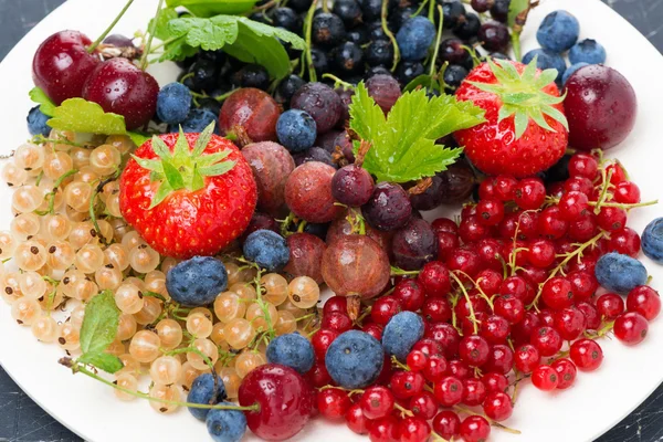 Geassorteerde tuin bessen op een plaat, close-up — Stockfoto