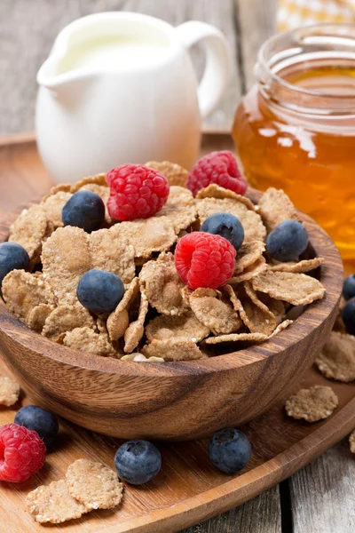 Wholegrain flakes in a bowl with fresh berries, honey and milk — Stock Photo, Image
