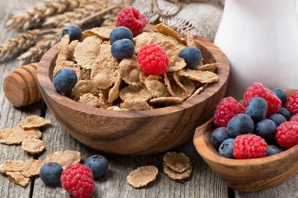Wholegrain flakes with fresh berries and jug of milk — Stock Photo, Image