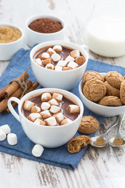 Cacao con malvaviscos y galletas de almendras sobre mesa de madera blanca —  Fotos de Stock