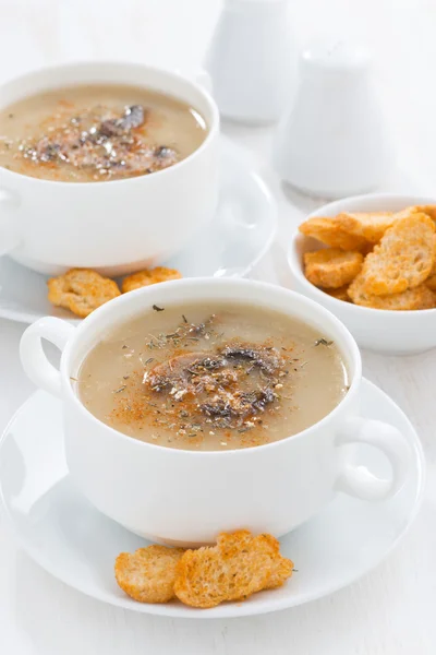 Deliciosa sopa de crema de champiñones con croutons, primer plano —  Fotos de Stock