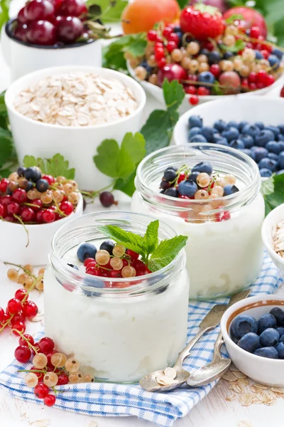 Yoghurt med bär och produkter för hälsosam frukost, vertikal — Stockfoto