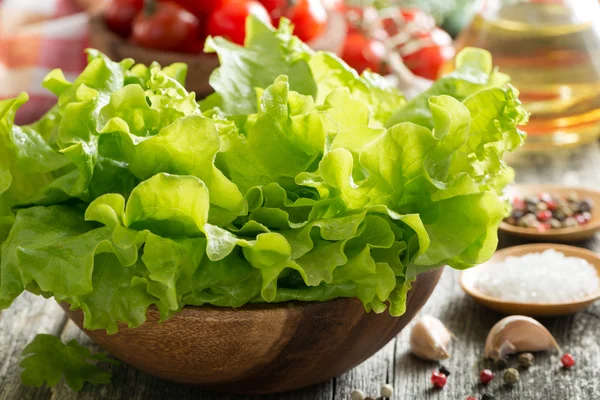 Kom met verse sla, tomaten, kruiden en olijfolie — Stockfoto