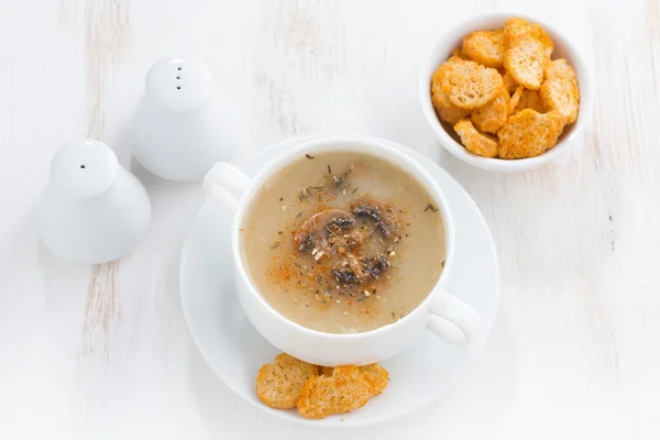 Mushroom cream soup with croutons on white table, horizontal — Stock Photo, Image