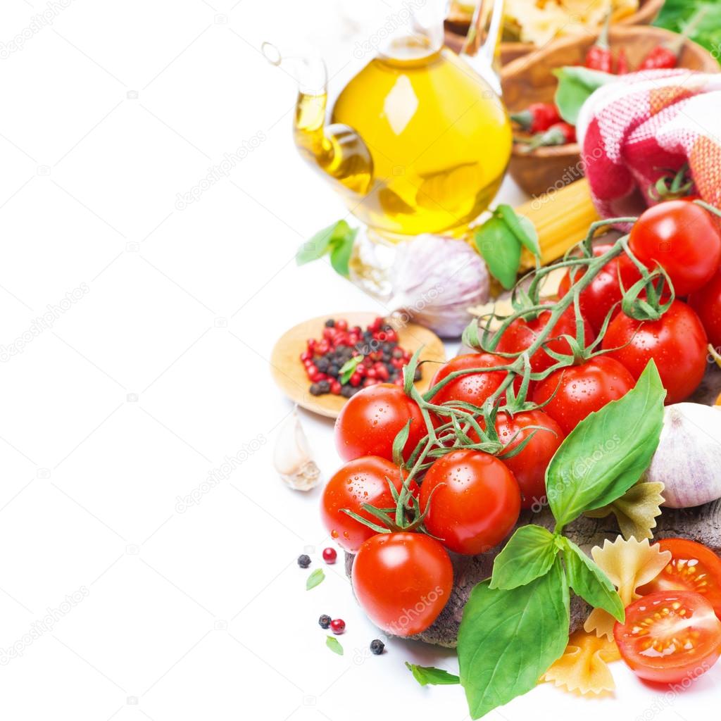 Italian food ingredients - cherry tomatoes, basil and pasta