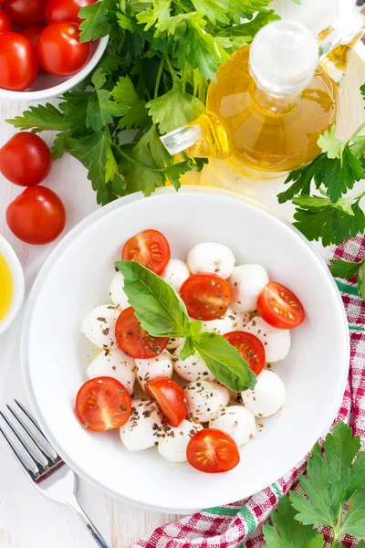 Traditional salad with mozzarella and cherry tomatoes, vertical — Stock Photo, Image