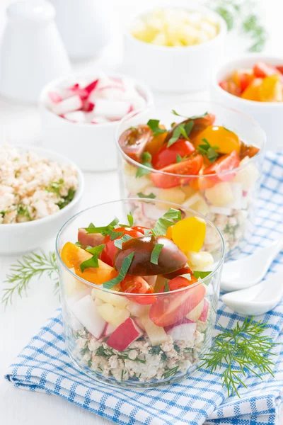 Vegetable salad with cottage cheese in a glass — Stock Photo, Image
