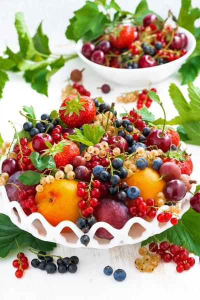Prato com frutas e bagas sazonais frescas diferentes, vertical — Fotografia de Stock