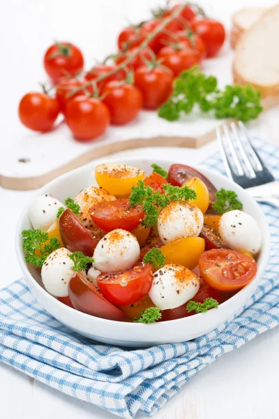 Insalata con mozzarella, erbe fresche e pomodori ciliegini colorati , — Foto Stock