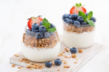 Yoğurtlu diyet tatlı, tahıl gevreği ve taze böğürtlen