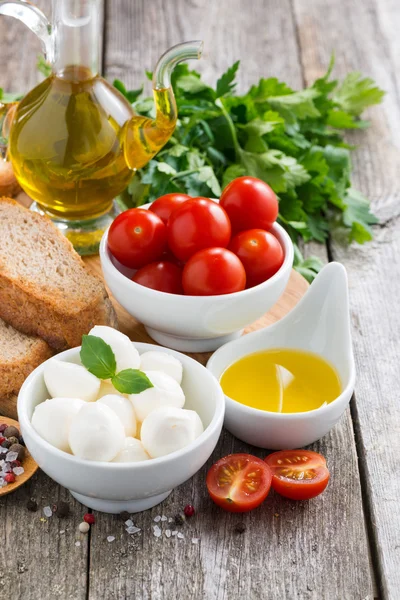 Läckra mozzarella och ingredienser för en sallad, vertikal — Stockfoto