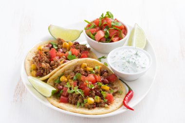 Meksika yemeği - tortilla chili con carne ve domates salsa