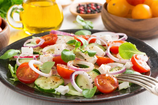 Ensalada griega con queso feta en un plato —  Fotos de Stock