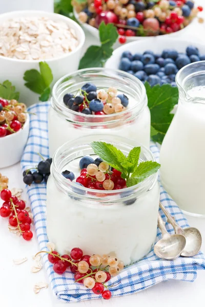 Yoghurt med bär och frukost livsmedel — Stockfoto