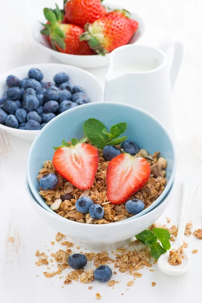 Cibo sano - muesli, bacche fresche e latte, verticale — Foto Stock