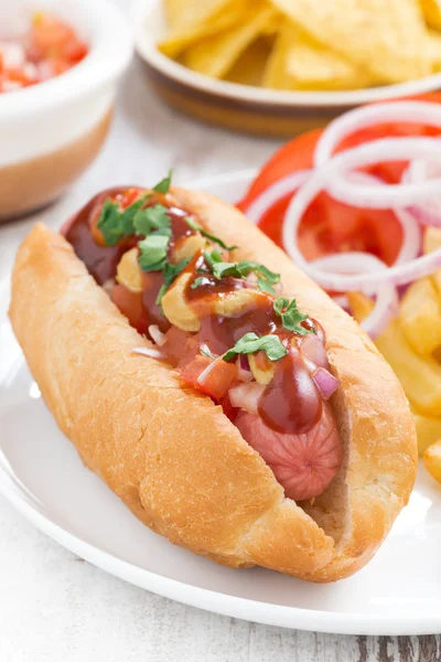 Hot dogs with French fries, close-up, vertical — Stock Photo, Image