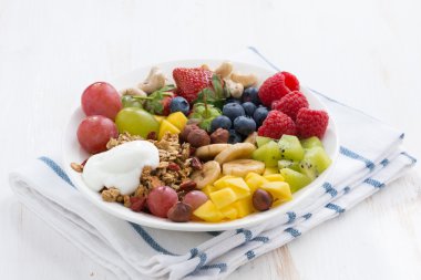 Meyveler, meyve, fındık ve granola sağlıklı bir kahvaltı için